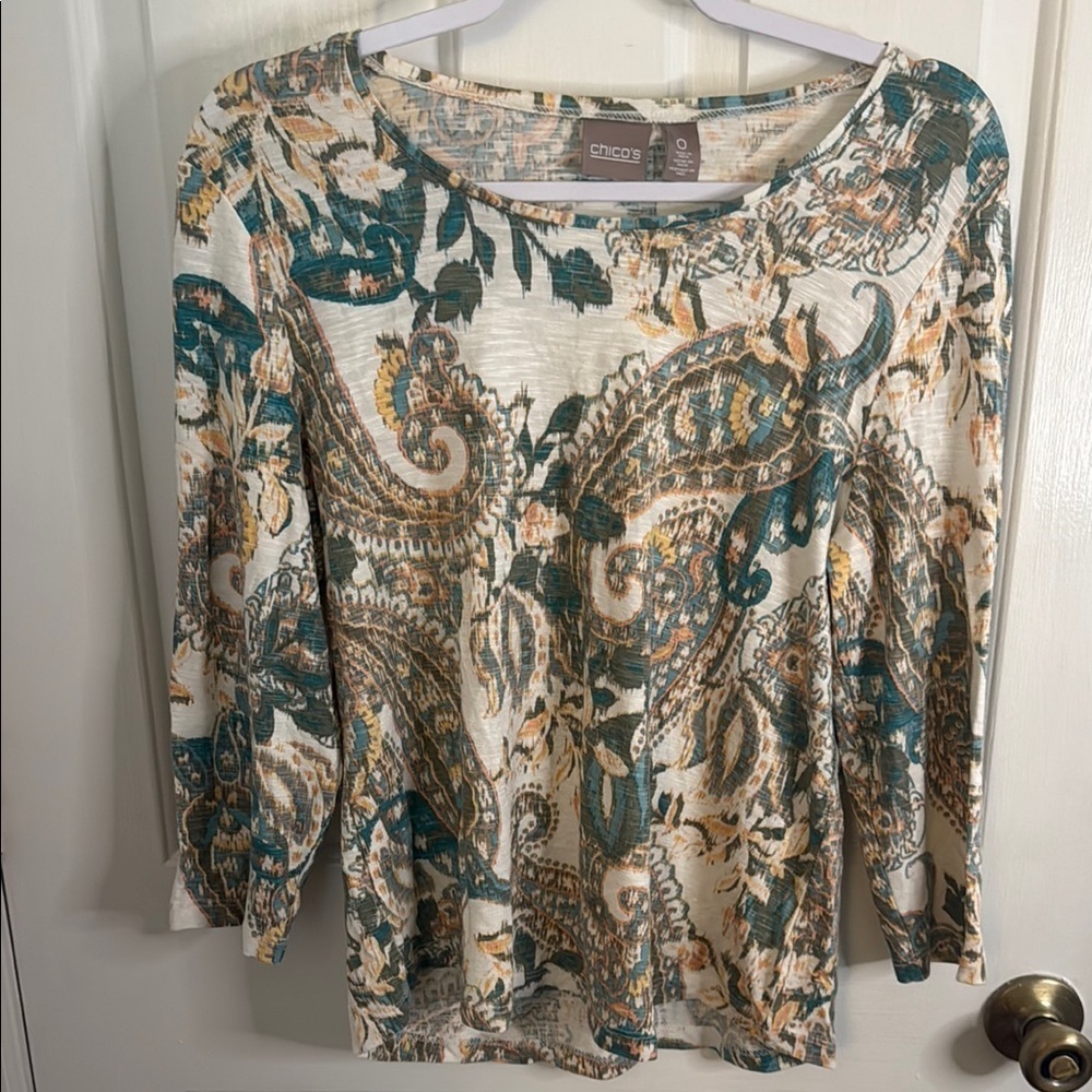 Chico's Multicolor Paisley Stretch Women's Top, 3/4 Sleeves & Scoop Neck